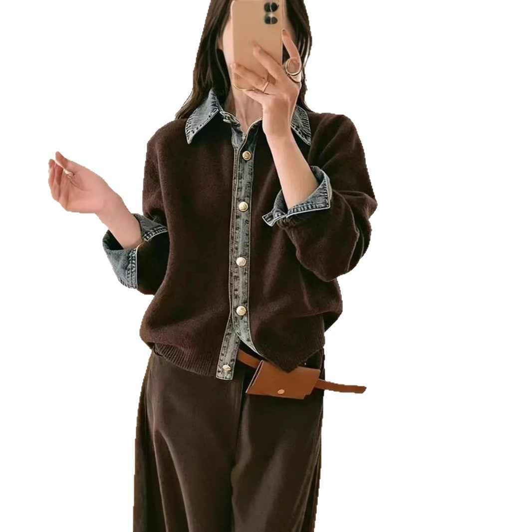 Denim Stitching Fake Two Pieces Female Sweaters