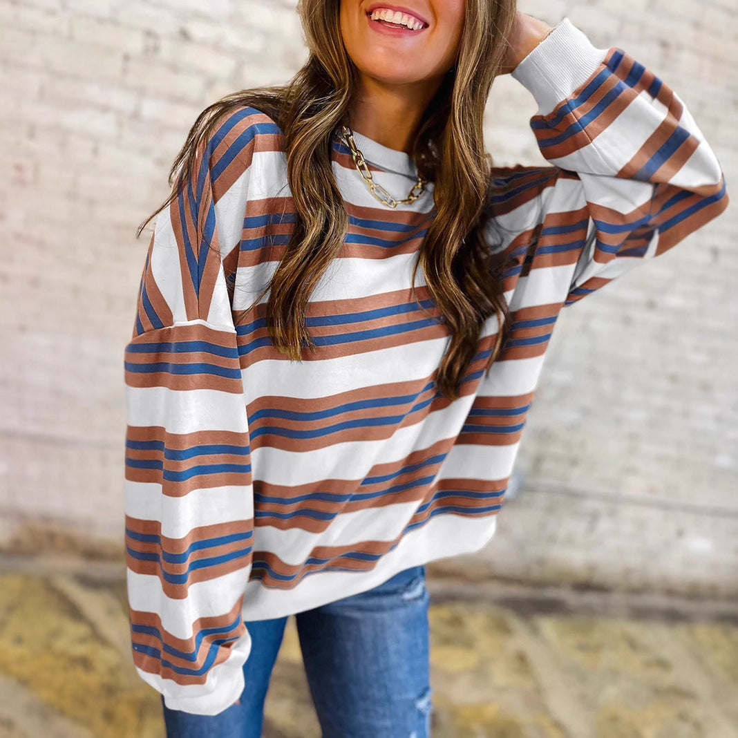 Women's Knitted Fashion Loose Slimming Contrast Color Round Women's Sweater, Sweater