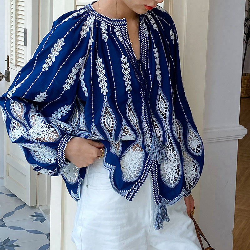 Women's Autumn Embroidery Vacation Style French Shirt Blouses
