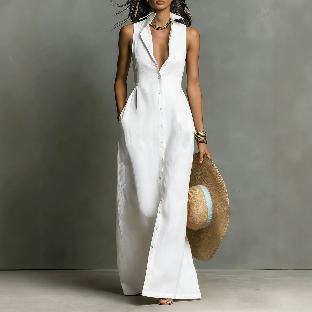 Classic Stylish Summer Breasted Sleeveless Collar Dress