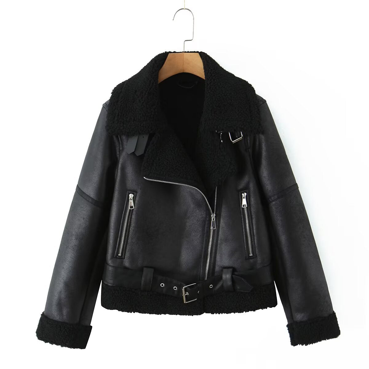 Women's Leather Niche Design Lapel With Veet Coats