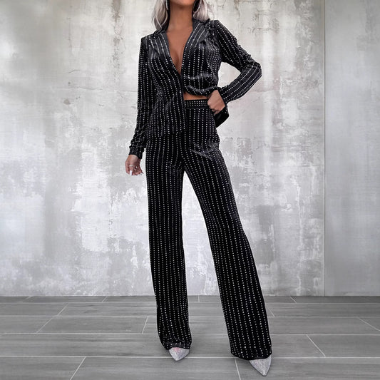 Women's Rhinestone Veet One Button Long Sleeve Suits