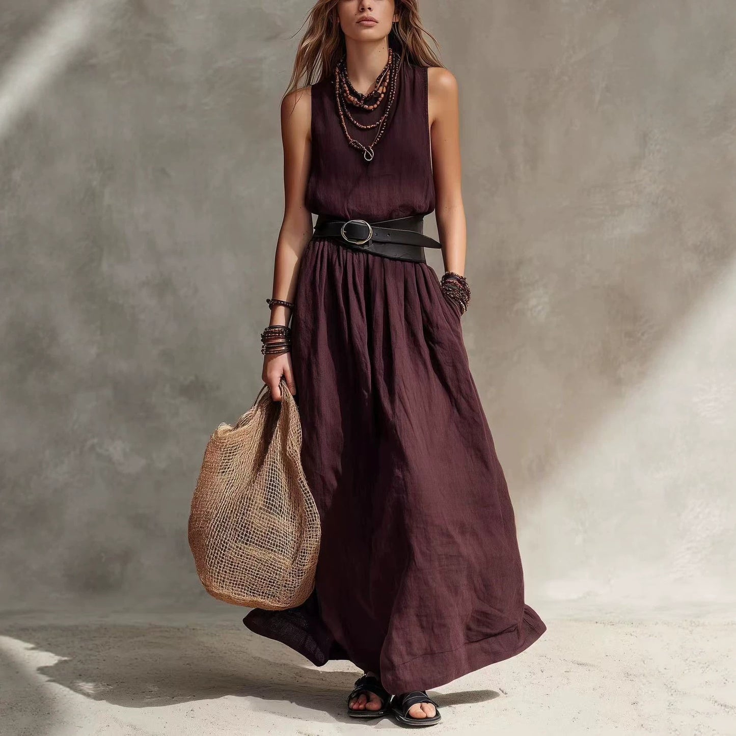 Women's French Style Temperament Lapel Sleeveless Summer Dress
