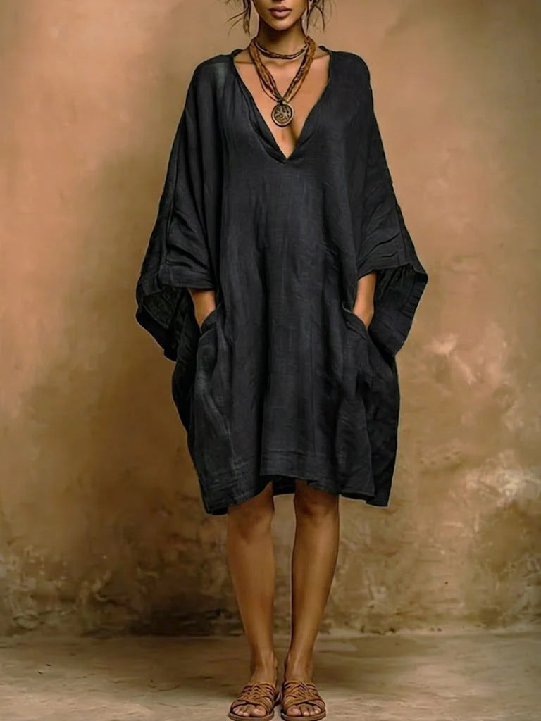 Fashion Imitation Cotton Linen Batwing Shirt Dress