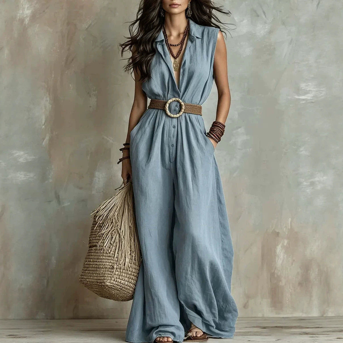 Women's Vacation Style Sleeveless Lapel Waist Tight Slimming Wide Leg Casual Women's Jumpsuit/clothing