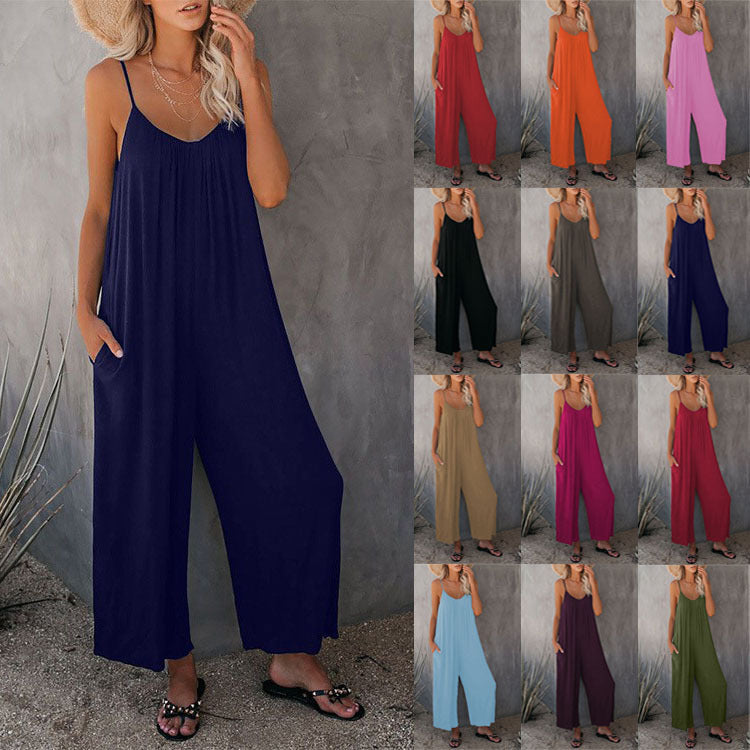 Women's Sling Summer Solid Color Pocket Jumpsuits