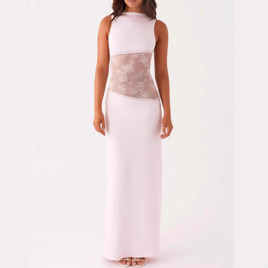 Lace Satin Stitched Backless Long Slimming Jumpsuits