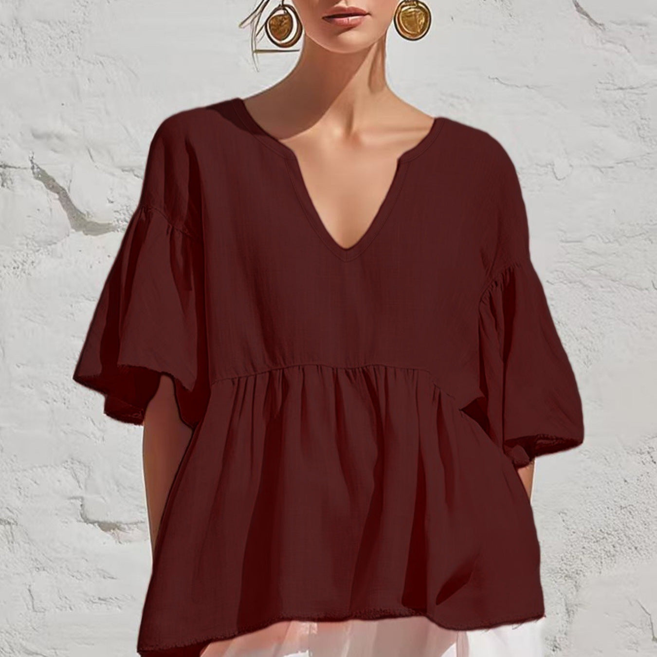 Lazy Ruffled Half Sleeve Cotton Linen Summer Women's T-shirt