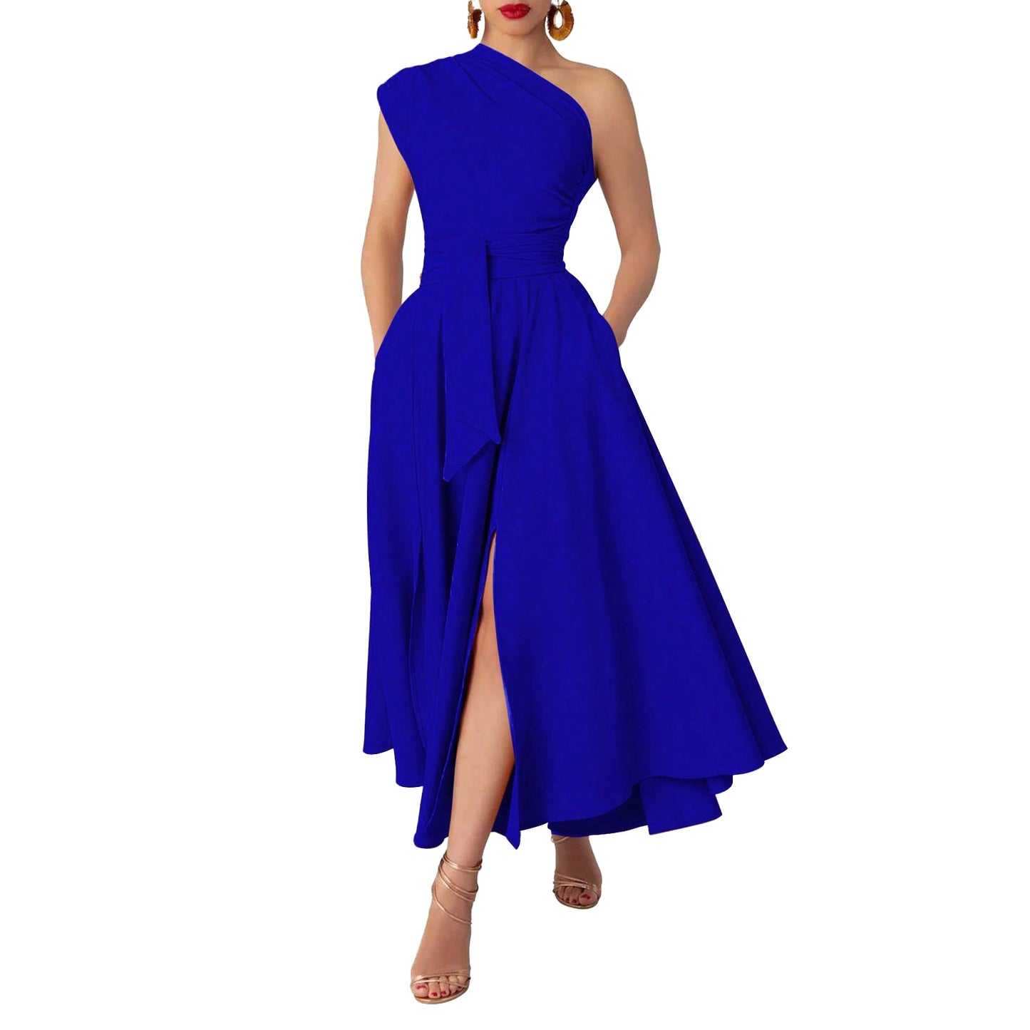 Women's Fashion Wear Sleeveless Diagonal Collar Solid Dresses