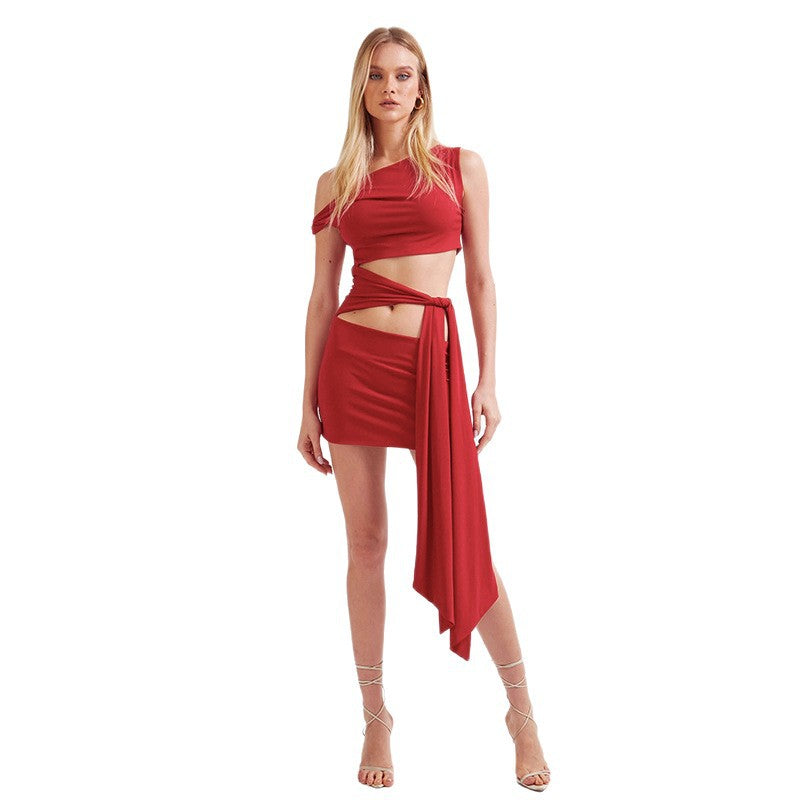 Women's Color Diagonal Collar Sexy Cutout Tied Slim Fit Dress