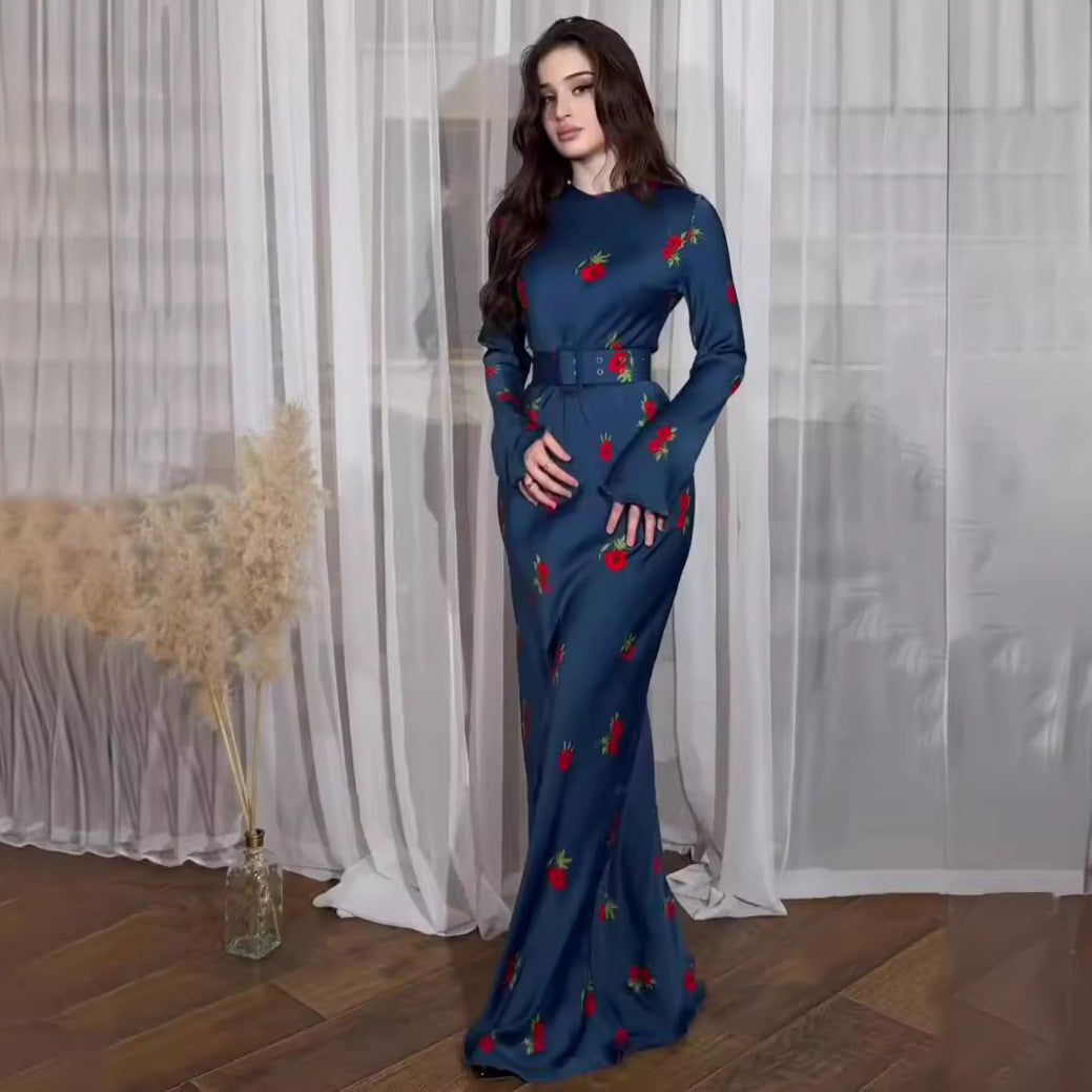 Long Sleeve Round Neck Ice Silk Breathable Flower Dresses