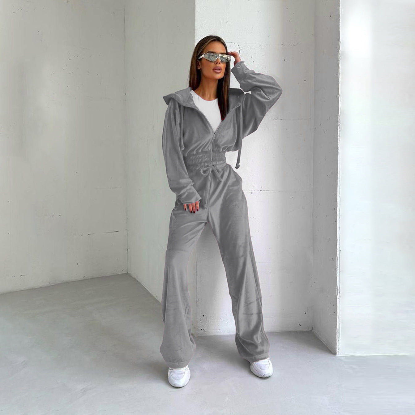 Women's Hooded Casual Zipper Sports Suede Trousers Suits