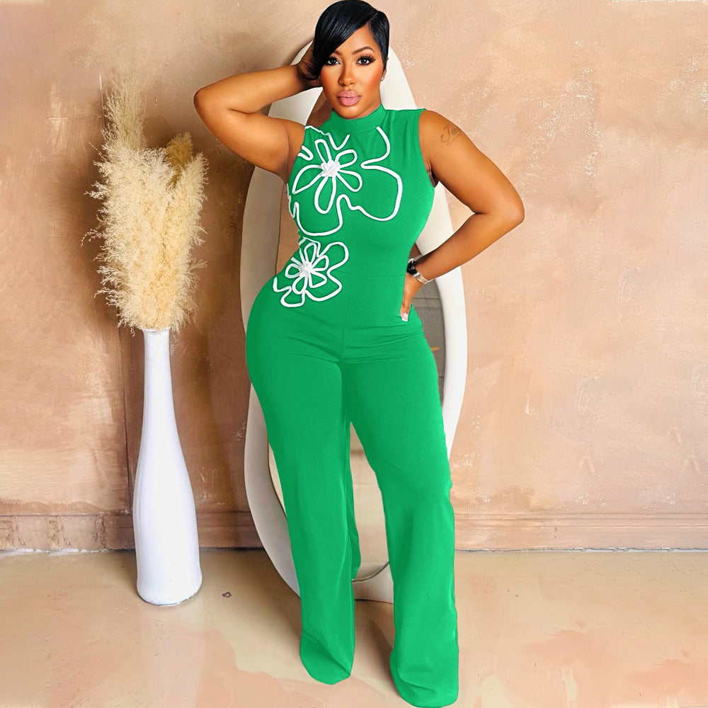 Women's Neck Sexy Sleeveless Flower Design Slim Fit Jumpsuits