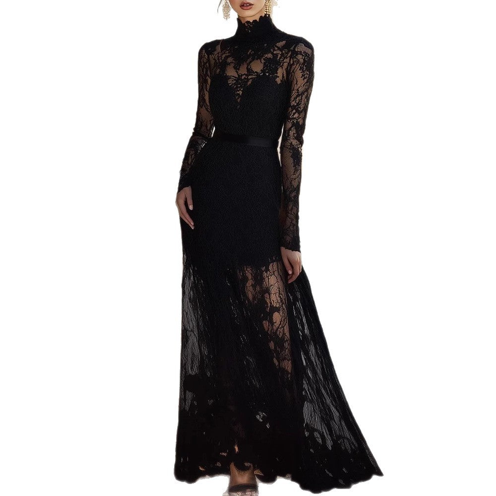 Women's Collar Long Sleeve Lace Swing Waist Slimming Dresses