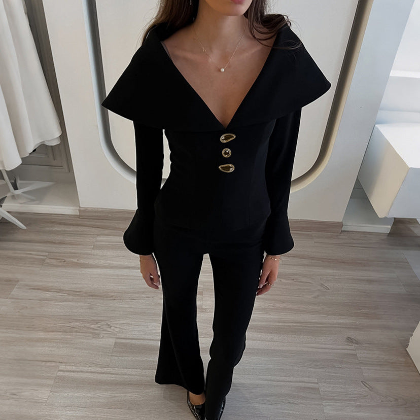 Women's Retro Black Sexy Slim Fashion Bell-bottom Suits