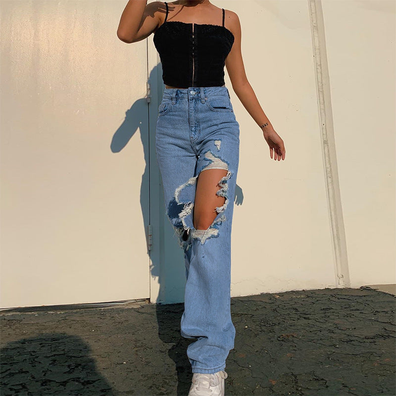 Women's Summer Loose Personality Ripped Straight Casual Women's Jeans