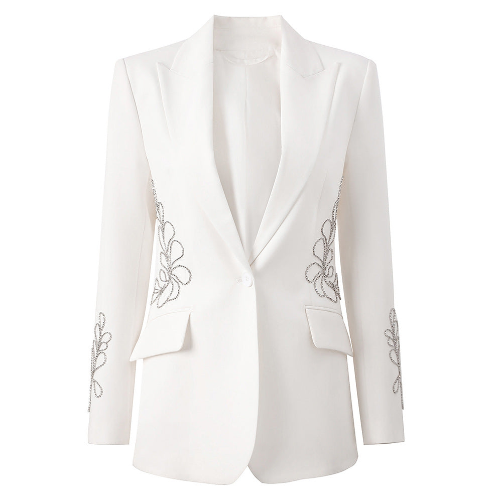 Beautiful White Handmade Beaded One Button Blazers