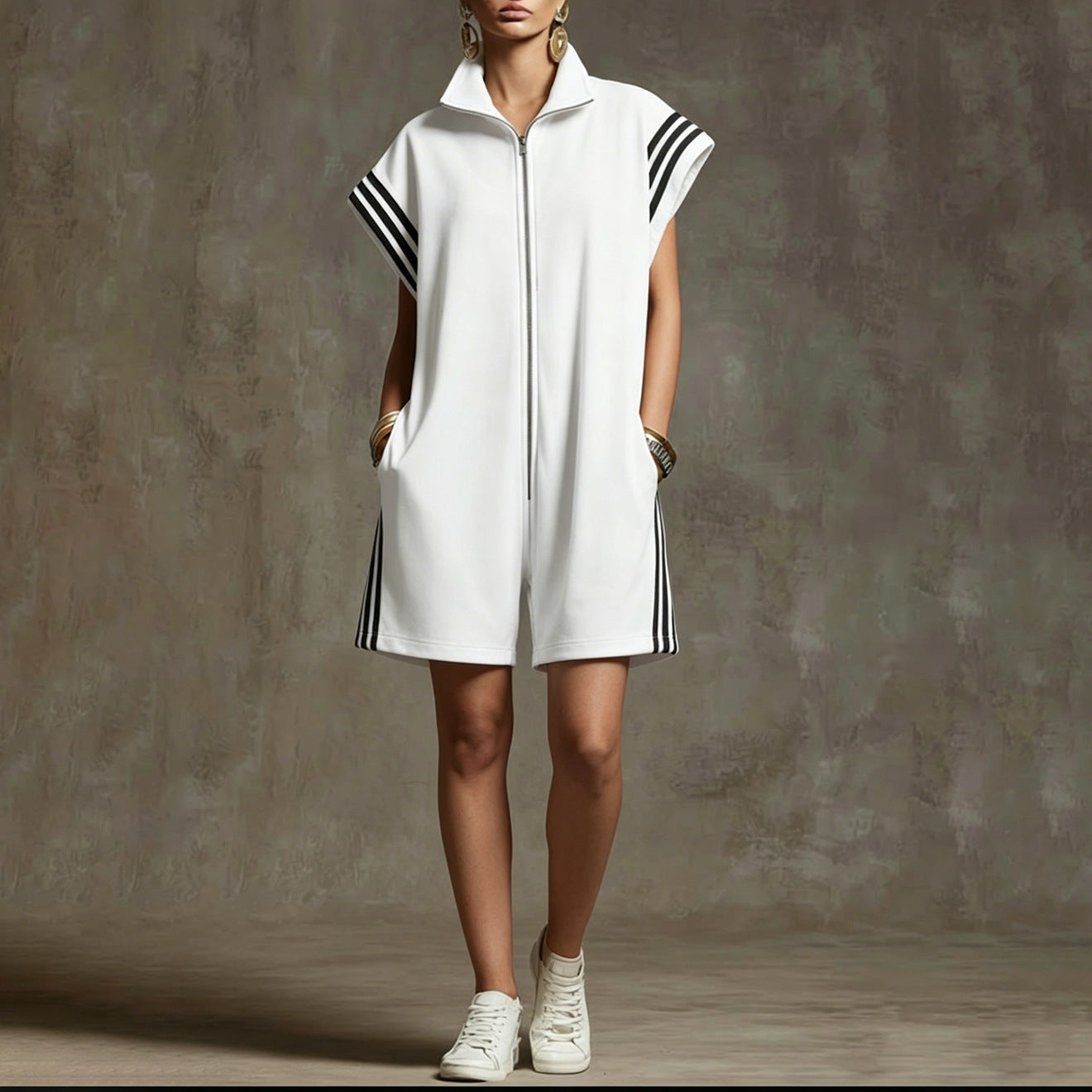 Women's Zipped Stand Collar Striped Contrast Color Women's Jumpsuit/clothing