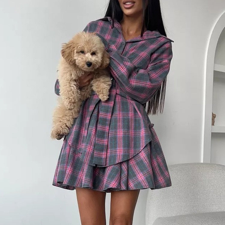 Women's Fashion Casual Check Lapel Loose Shirt Suits