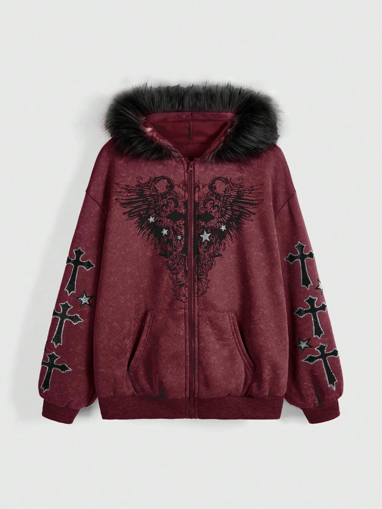 Gothic Cross Wings Printing Fur Collar Sweaters
