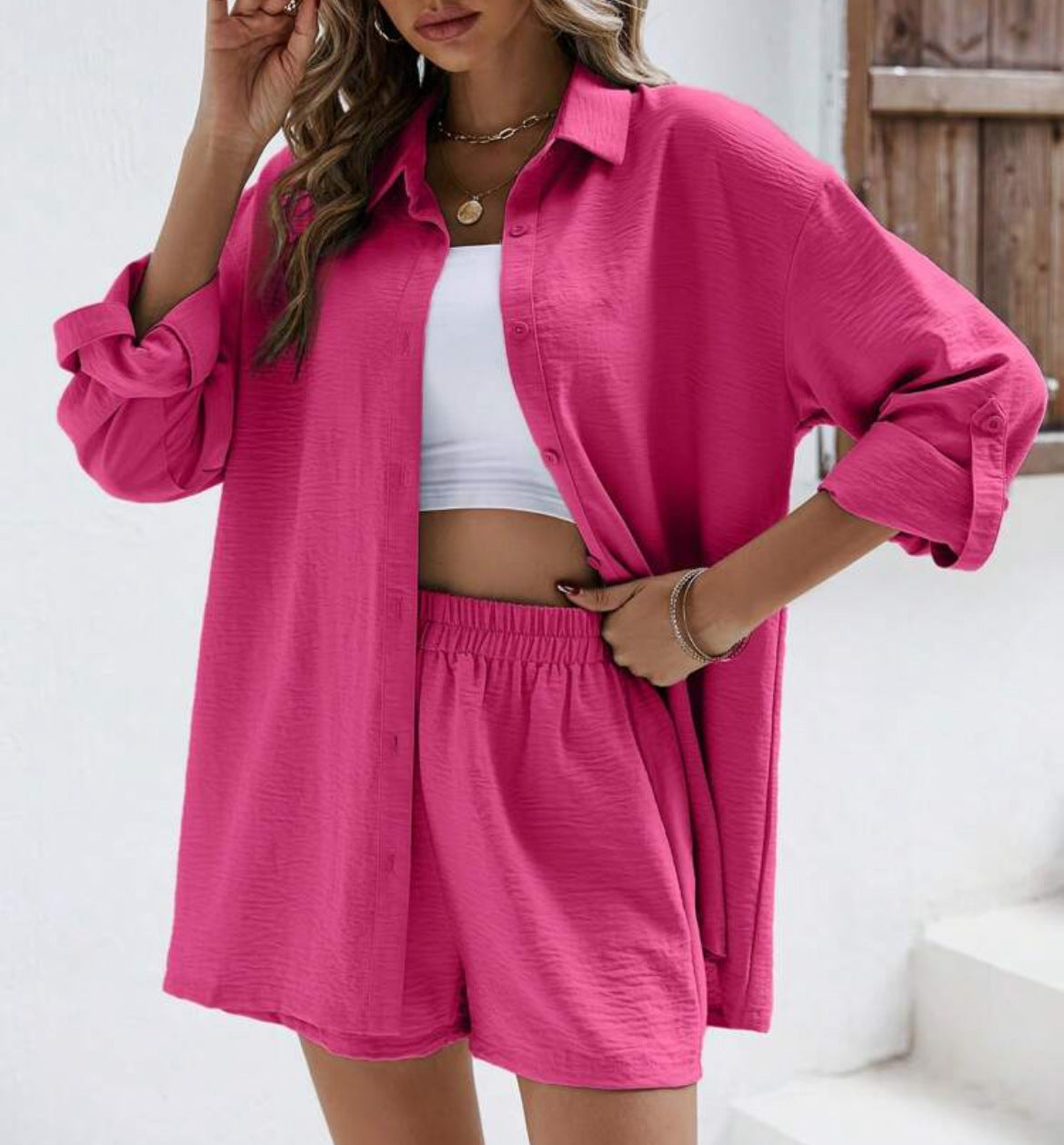 Women's Solid Color Lapel Long Sleeve Shirt Elastic High Waist Fashion Casual Suit