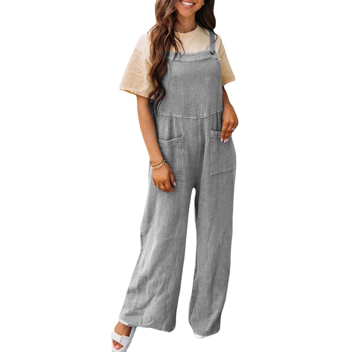 Women's Solid Color Pocket Square Collar Loose Women's Jumpsuit/clothing