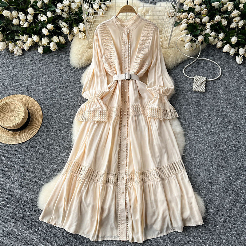 Women's Dress Stand-up Collar Flared Sleeves Waist Single-breasted Dresses
