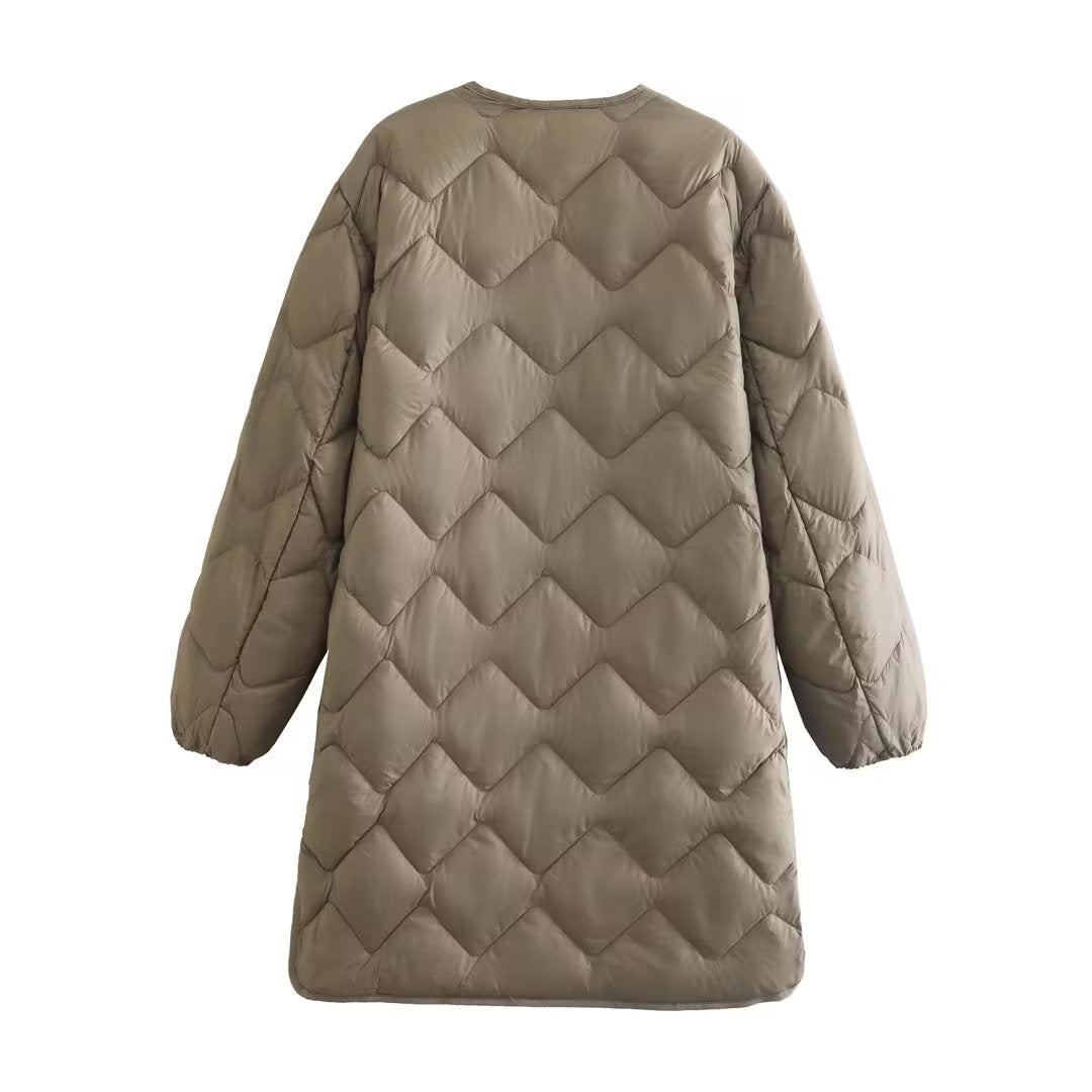 Women's Mid-length White Duck Rhombus Round Neck Jackets