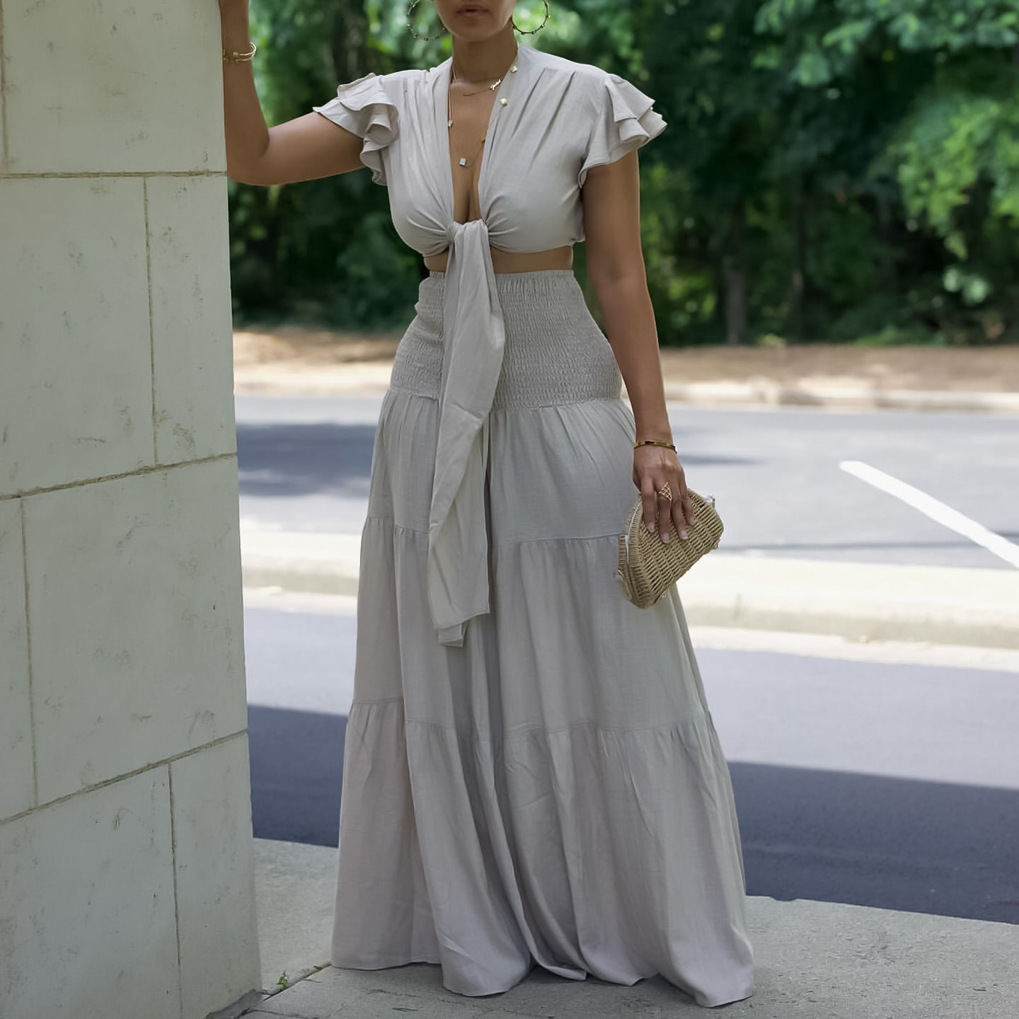 Graceful Sleeve Tied Wide Leg Two-piece Pants
