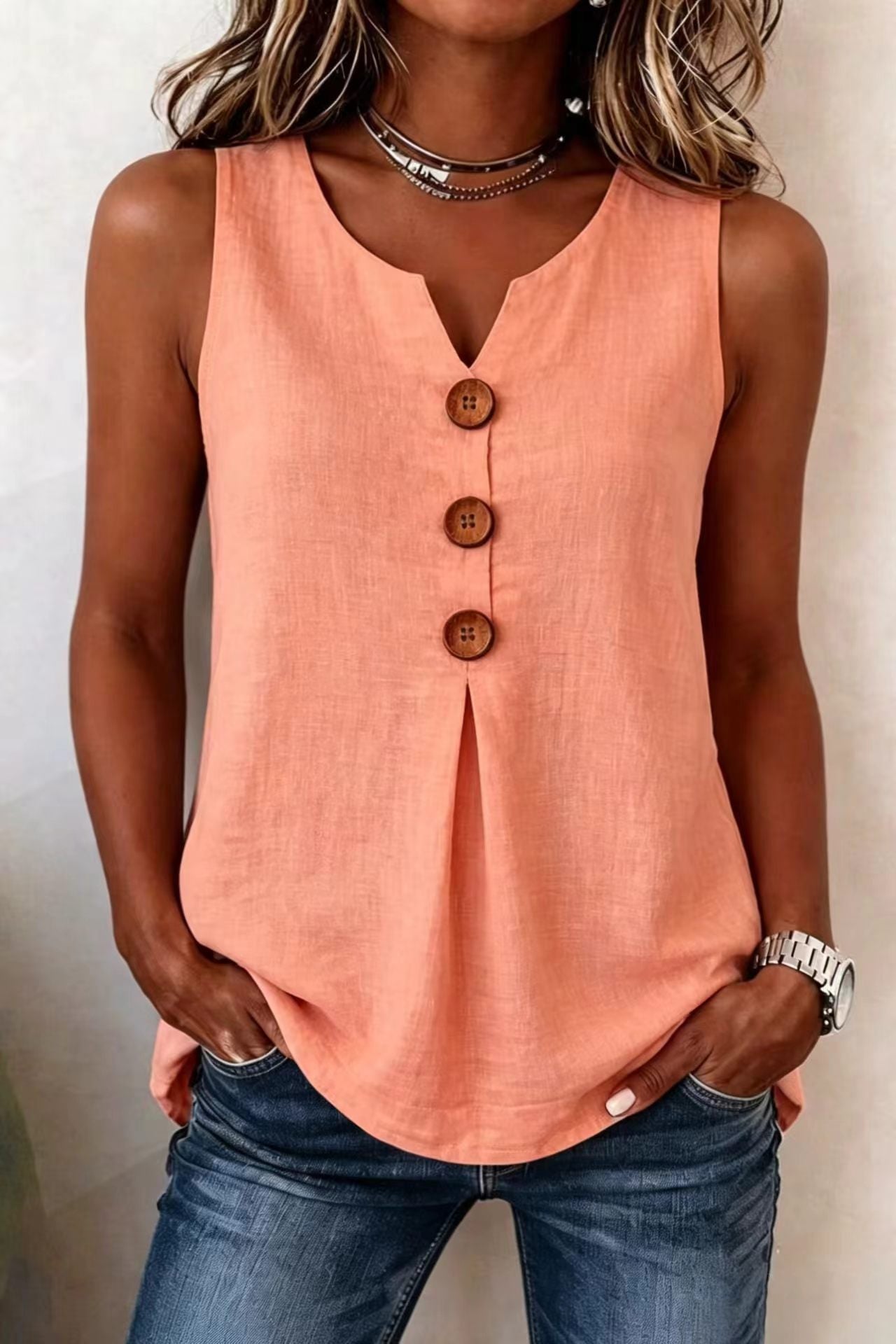 Classic Women's Cotton Linen Button Sleeveless Women's T-shirt