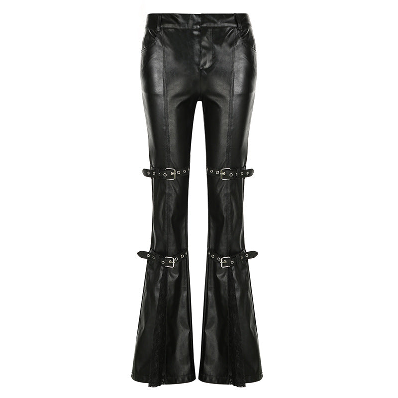 Corns Buckle Lace Stitching Leather Bell-bottom Hot Street Sexy Pants