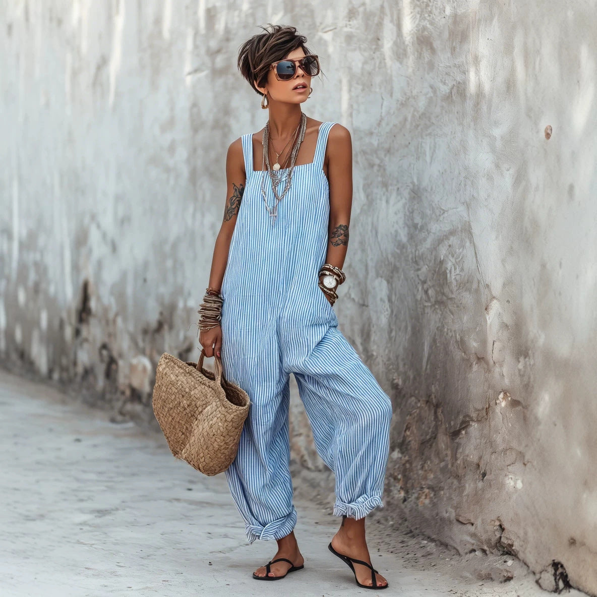 Women's Summer Idle Style Suspender Thin Stretchy Casual Beach Jumpsuits