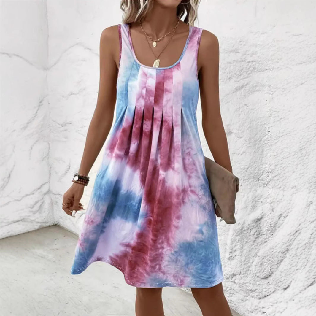 Women's Printed Round Neck Pleated Casual Sleeveless Dress